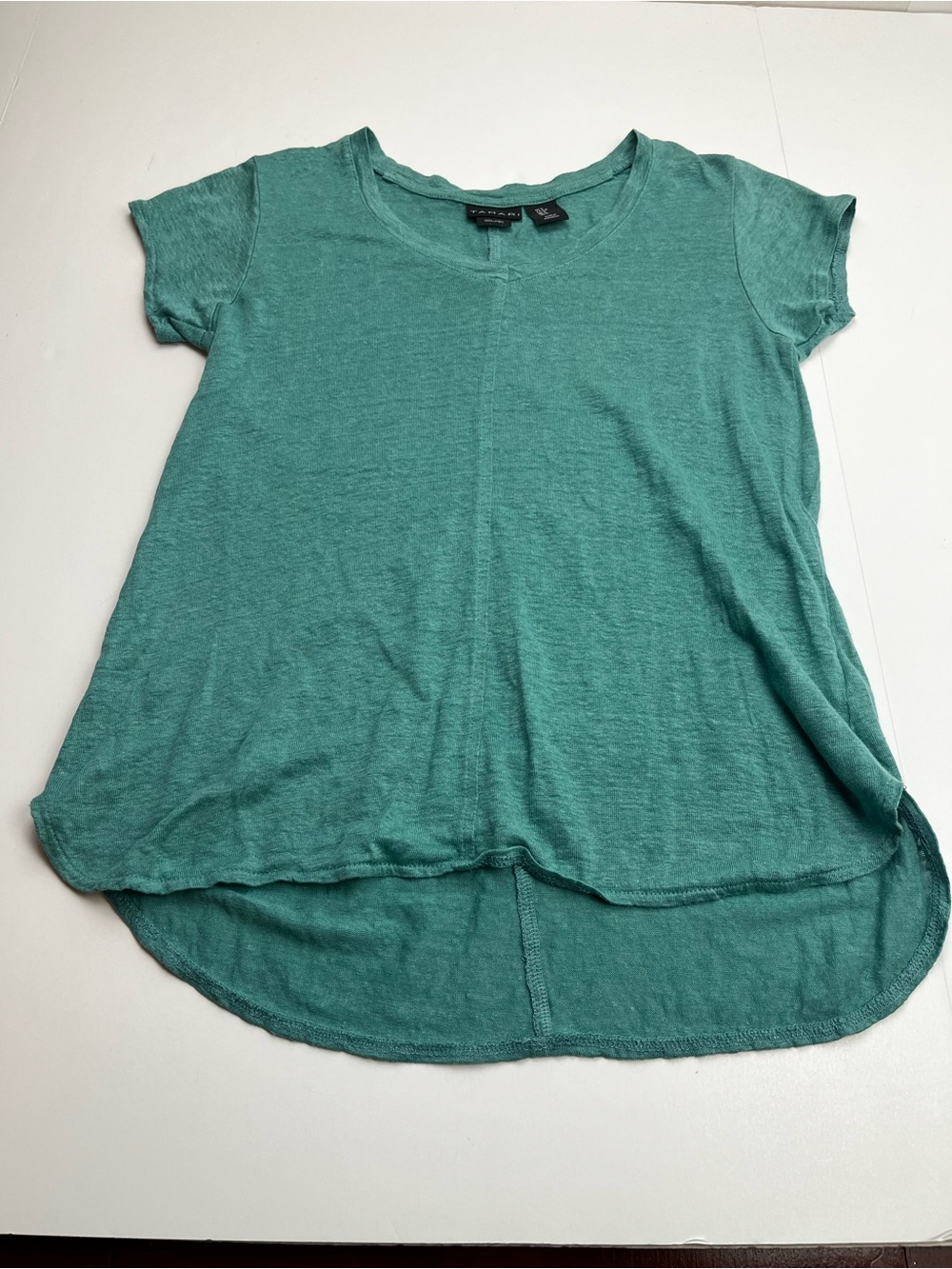 Tahari 100% Linen Teal Green Women Lightweight Short Sleeve Tee Shirt Top Small